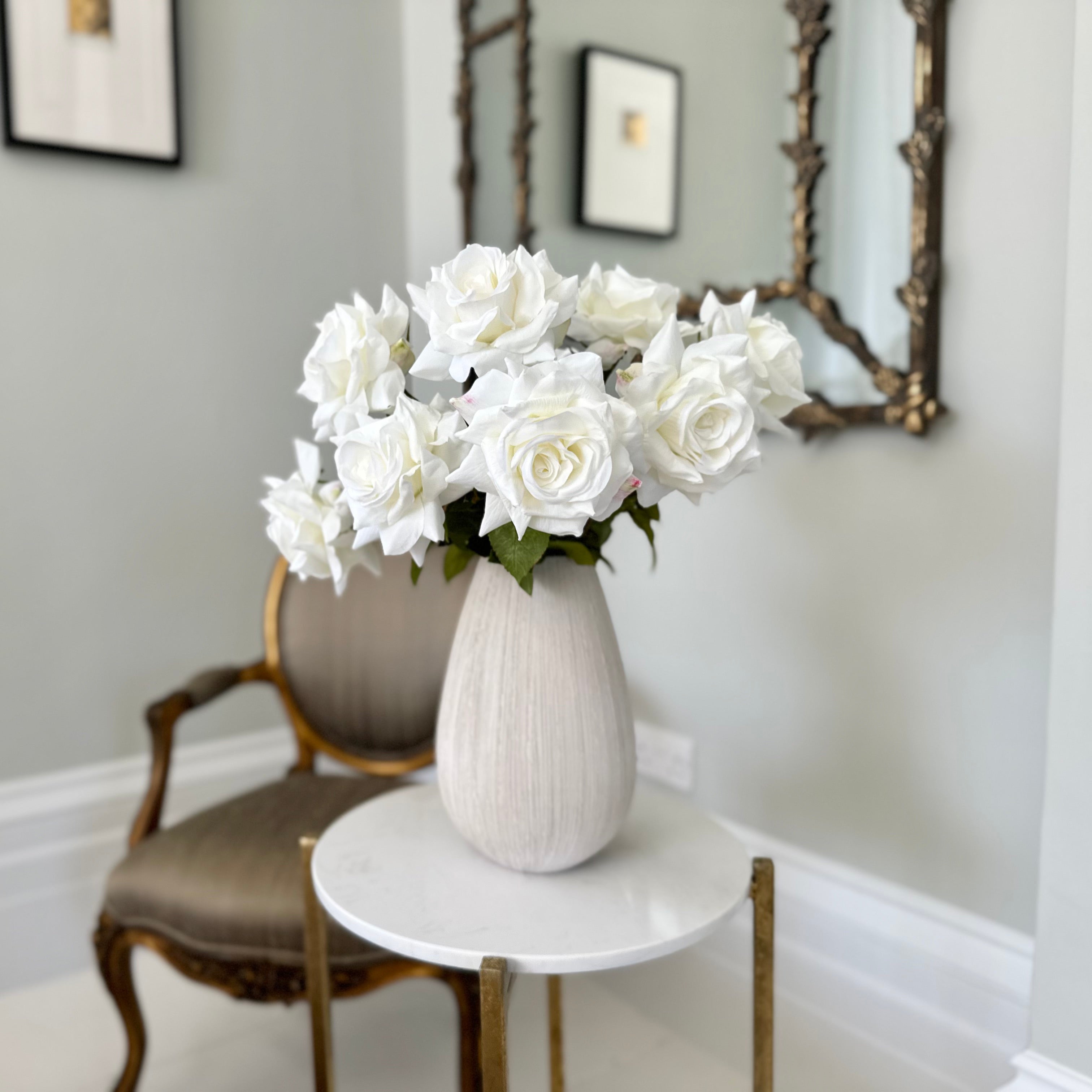 Luxury Lifelike Realistic Artificial Fabric Faux Silk Luxury White Tea Rose ABY5155WH Deluxe Winter Autumn Artificial Flower Arrangement with Faux Foliage in Bibury Vase ABP1513 Buy Online from The Faux Flower Company