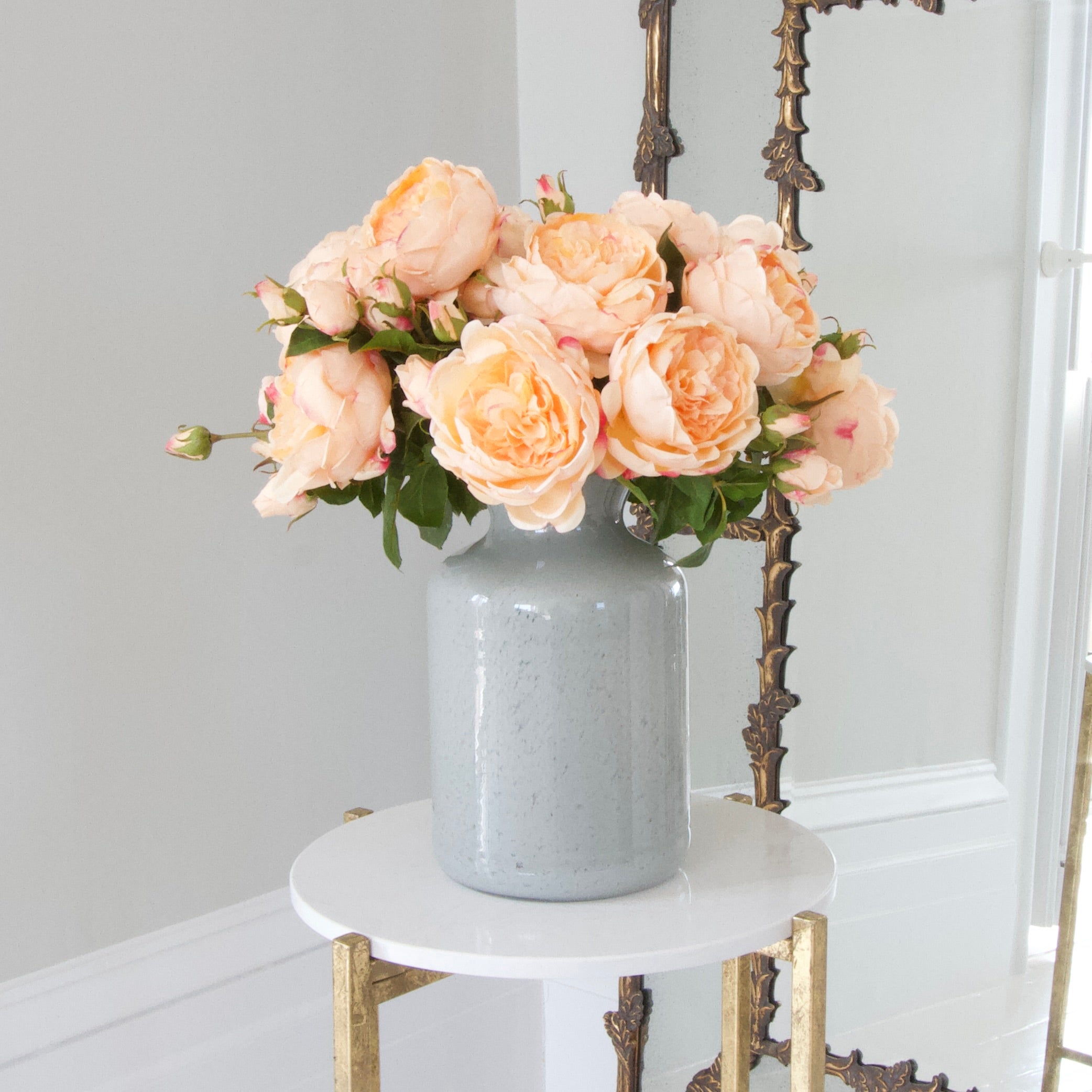Luxury Lifelike Realistic Artificial Fabric Silk Blooms with Foliage Buy Online from The Faux Flower Company | Peach English Rose ABY5013PC styled in Grey Funnel Neck Vase ABV0144