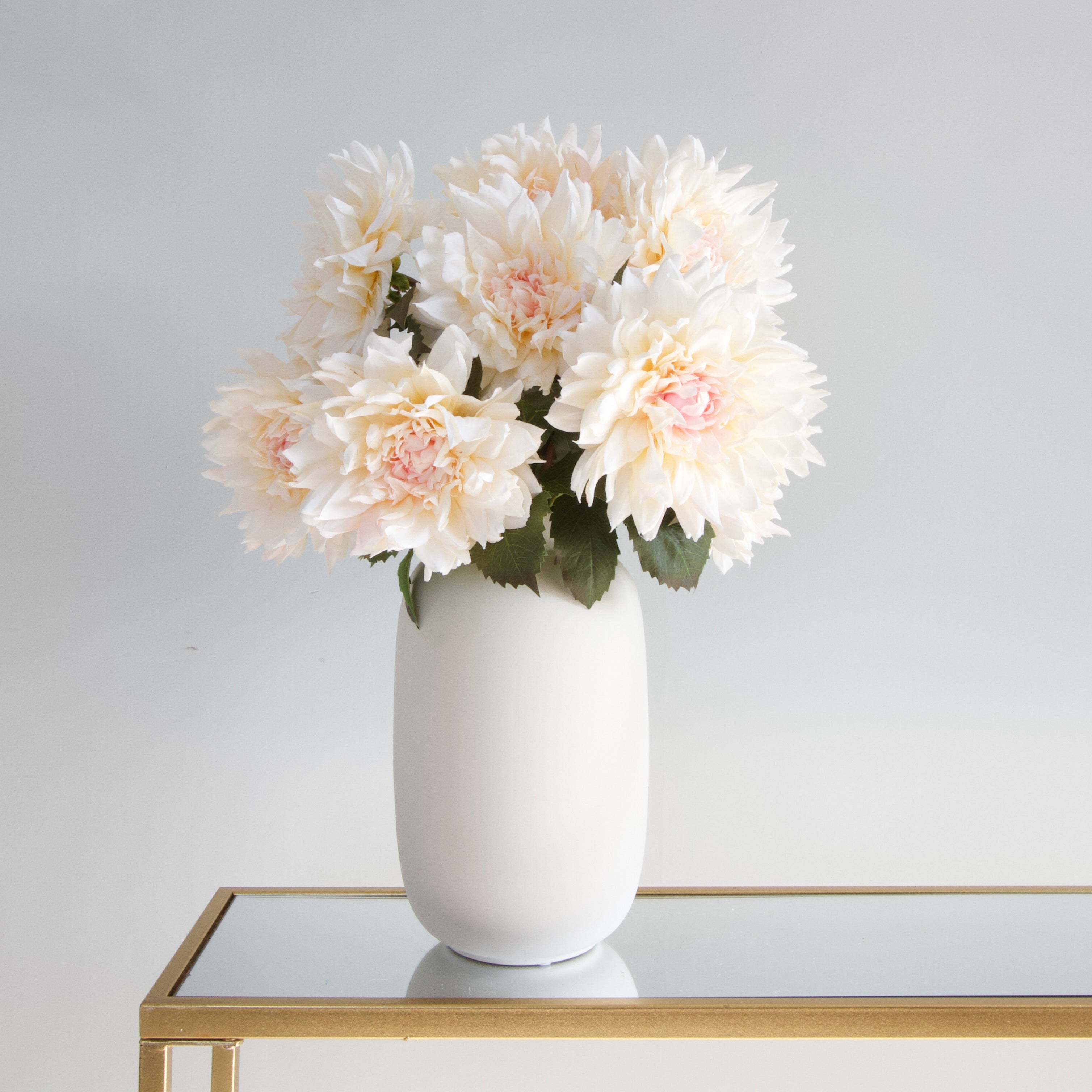 Luxury Lifelike Realistic Artificial Fabric Silk Blooms with Foliage Buy Online from The Faux Flower Company | Cafe Au Lait Dahlia ABY2216LPK styled in Ceramic Kingham Vase ABP04B3