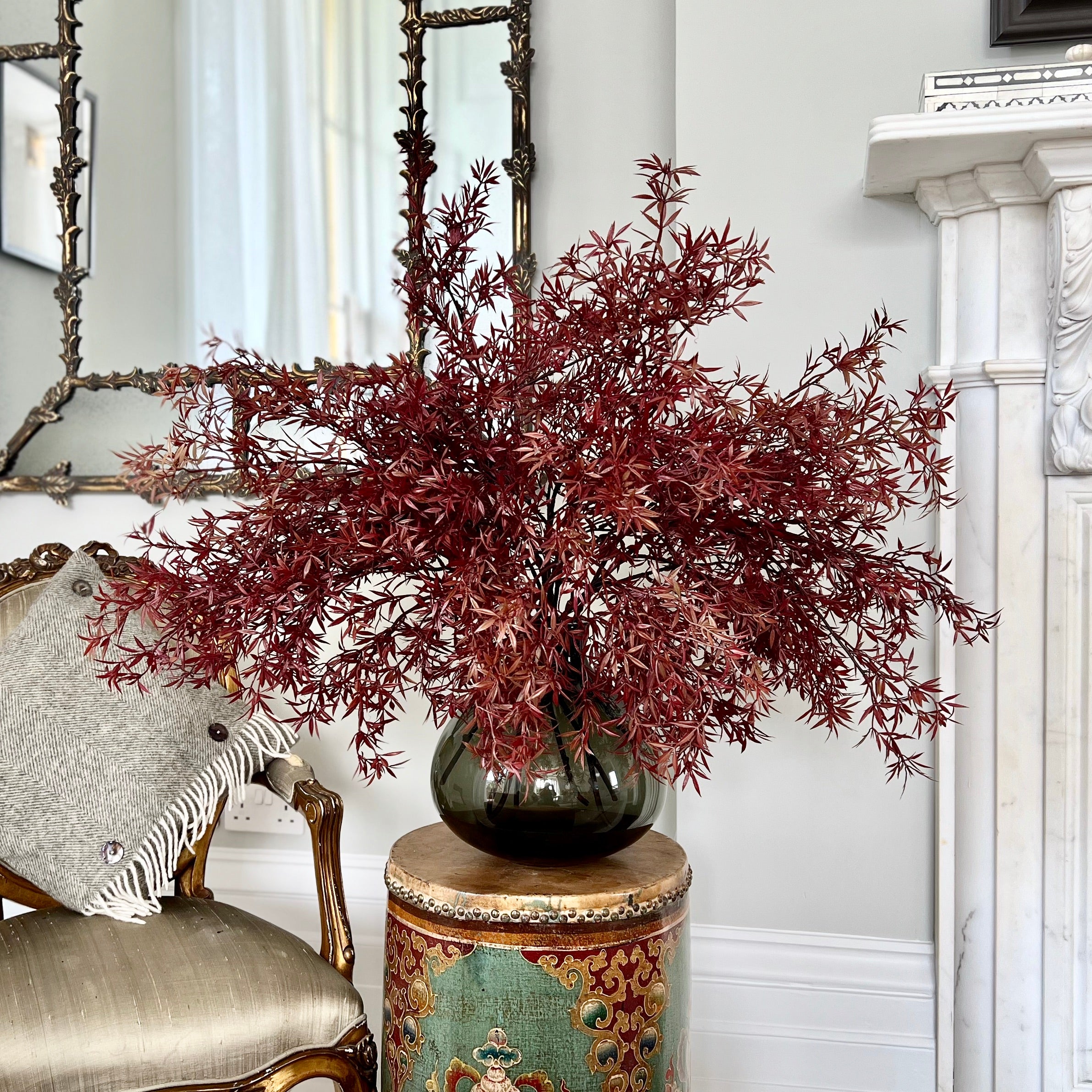Luxury Lifelike Realistic Artificial Fabric Silk Luxury Flower Burgundy Acer Branch ABZ3308BG Autumn Stem with Foliage in Smoky Grey Bulb Vase ABV0203 Buy Online from The Faux Flower Company