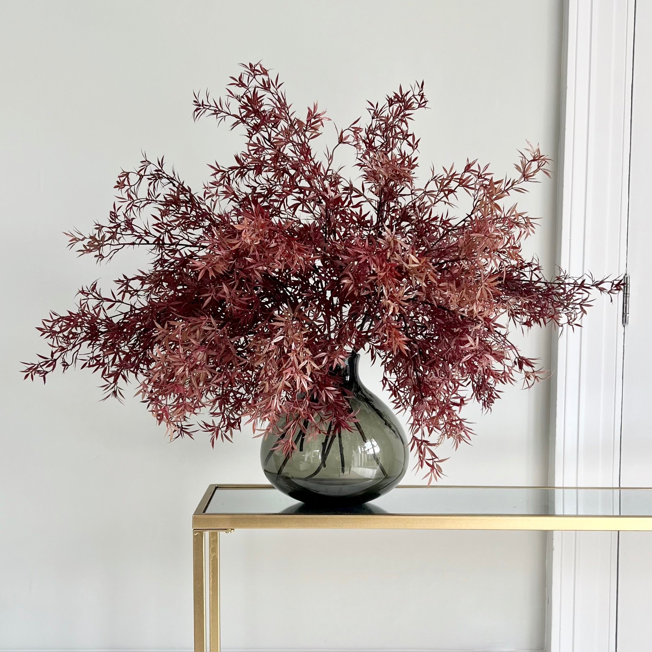 Luxury Lifelike Realistic Artificial Fabric Silk Luxury Flower Burgundy Acer Branch ABZ3308BG Autumn Stem with Foliage in Smoky Grey Bulb Vase ABV0203 Buy Online from The Faux Flower Company