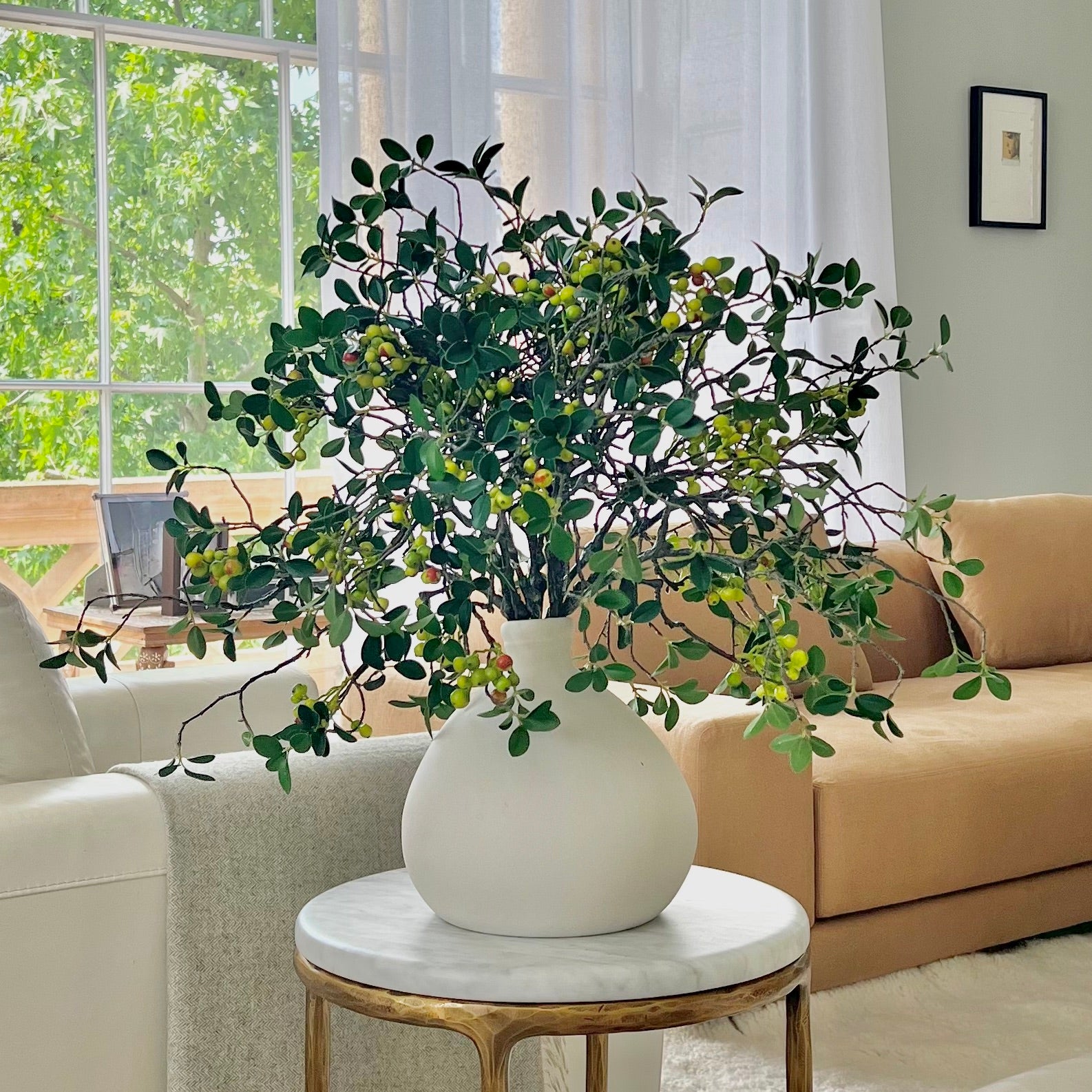 Luxury Lifelike Realistic Artificial Fabric Silk Luxury Flower Green Berry Spray ABZ5081GR Autumn Stem with Foliage in Broadway Vase ABP1699 Buy Online from The Faux Flower Company