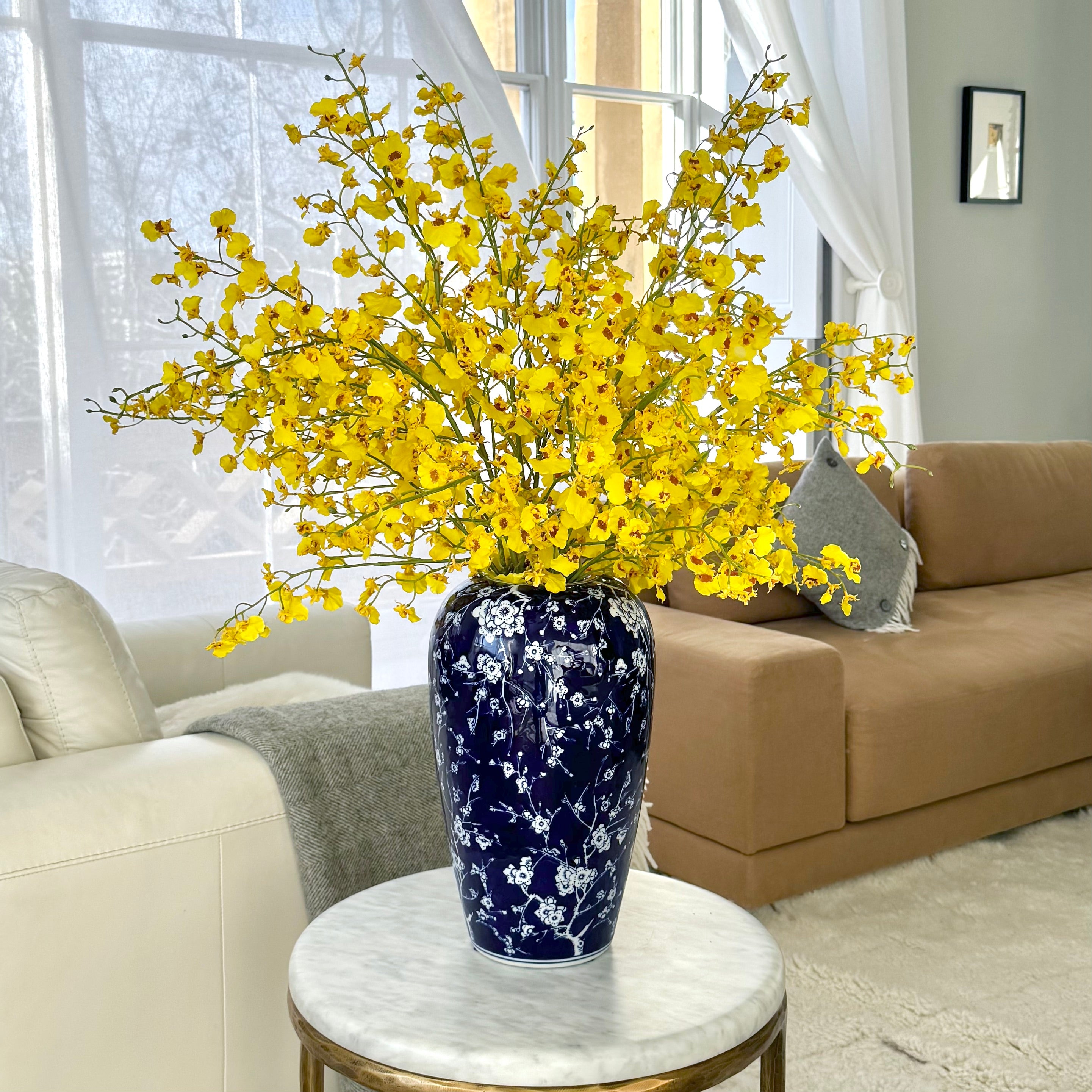Luxury Lifelike Realistic Artificial Flowers Fabric Silk Luxury Flower Stem Silk Flower Arrangement Yellow Oncidium Orchid with Foliage in Blue Flower Oriental Ceramic Vase Buy Online from The Faux Flower Company Trade Wholesale Bulk Buy ABY7044YL