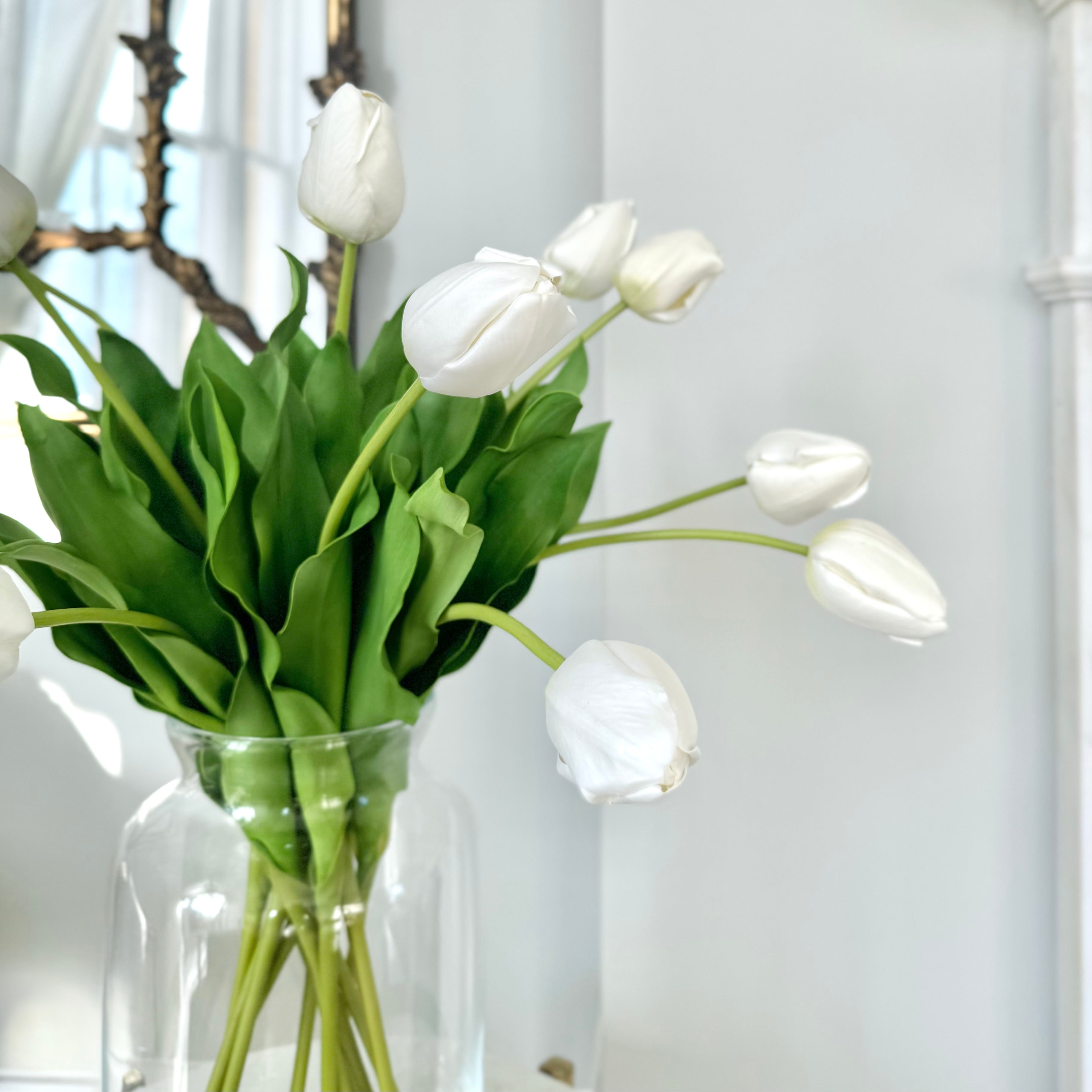 Luxury Lifelike Realistic Artificial Flowers Fabric Silk Tulips Luxury Tulip Flower Stem Silk Flower Arrangement White Tulip in Vase with Foliage in Clear Funnel Neck Vase Buy Online from The Faux Flower Company Trade Wholesale Bulk Buy Discounts Account ABY5657WH ABV2253