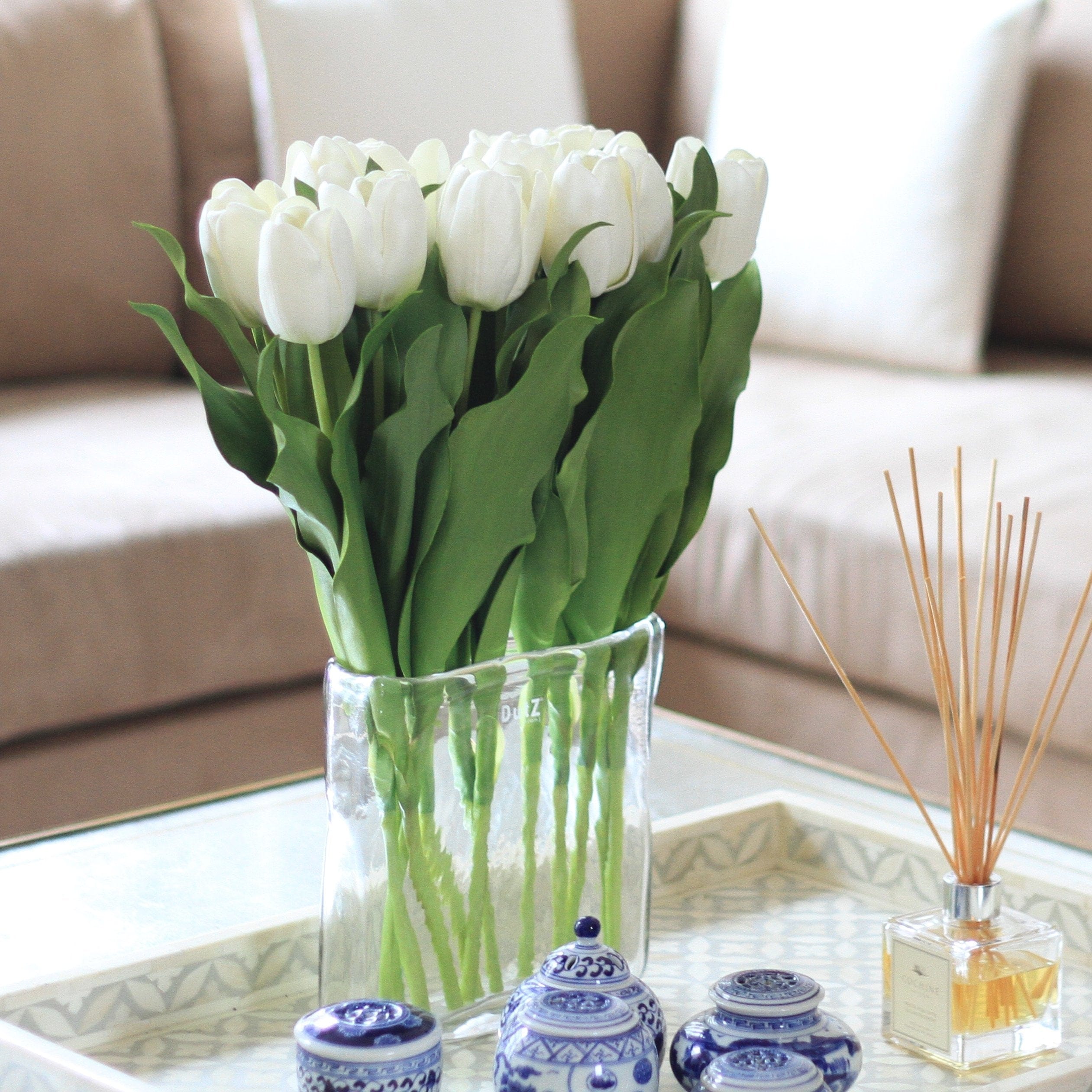 artificial flowers luxury faux silk white white short open tulip lifelike realistic faux flowers buy online from Amaranthine Blooms Hong Kong UK 