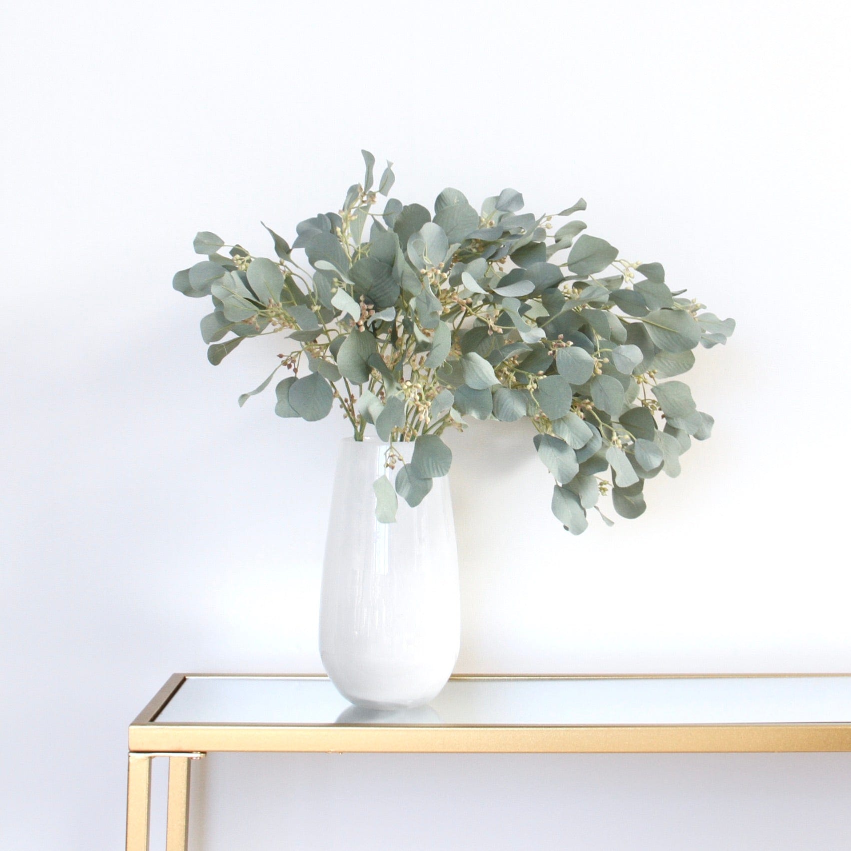 Artificial eucalyptus, realistic artificial flowers - green faux eucalyptus stems with berries, realistic not fake artificial flowers in vase